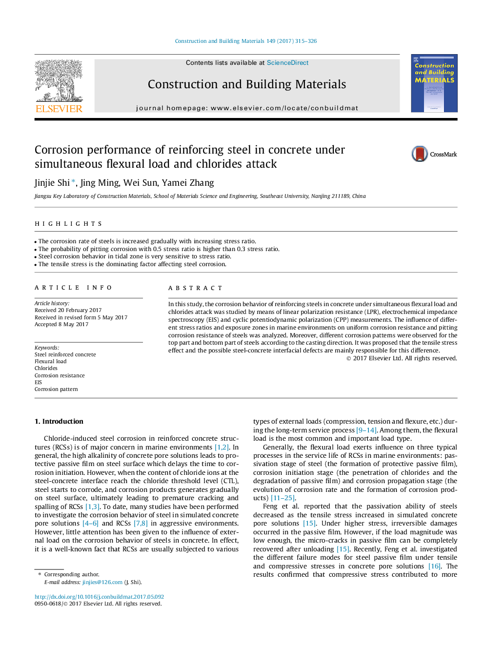 Corrosion performance of reinforcing steel in concrete under simultaneous flexural load and chlorides attack