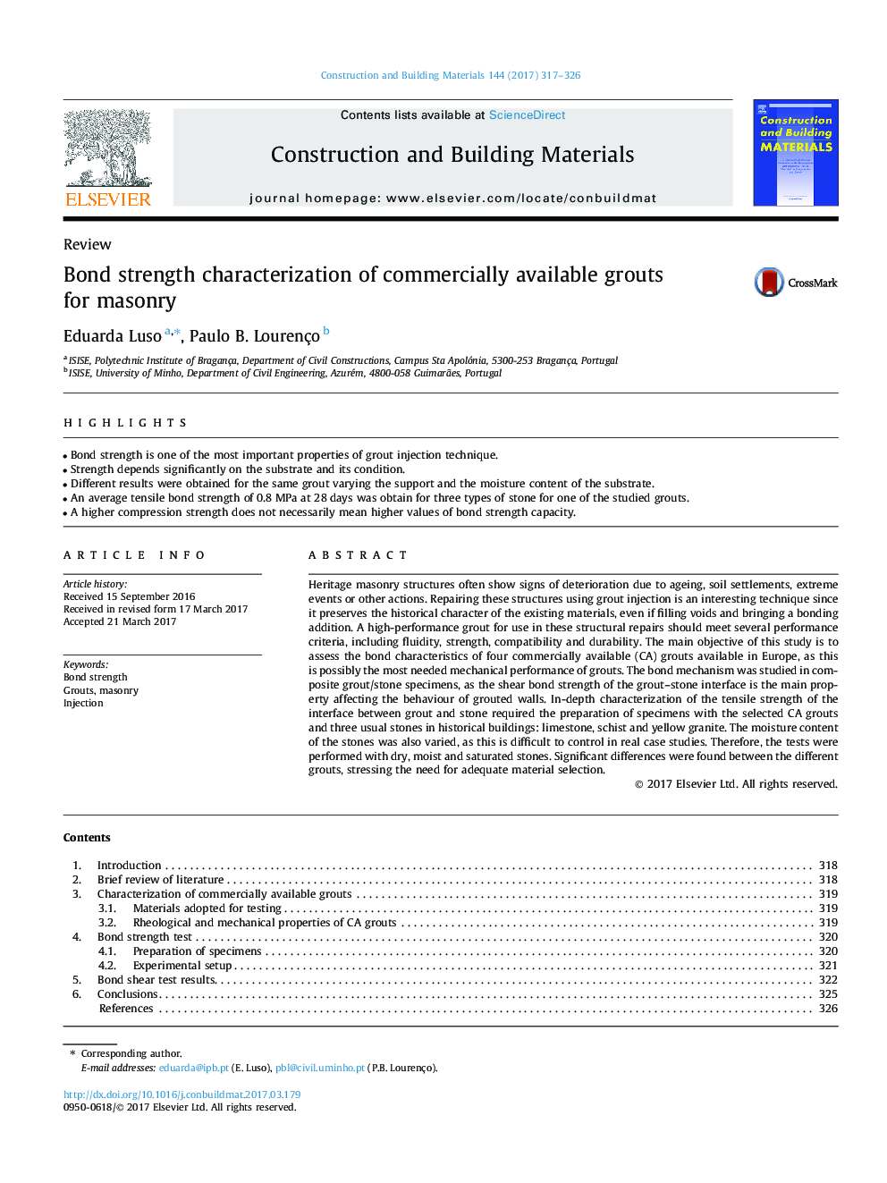 Bond strength characterization of commercially available grouts for masonry