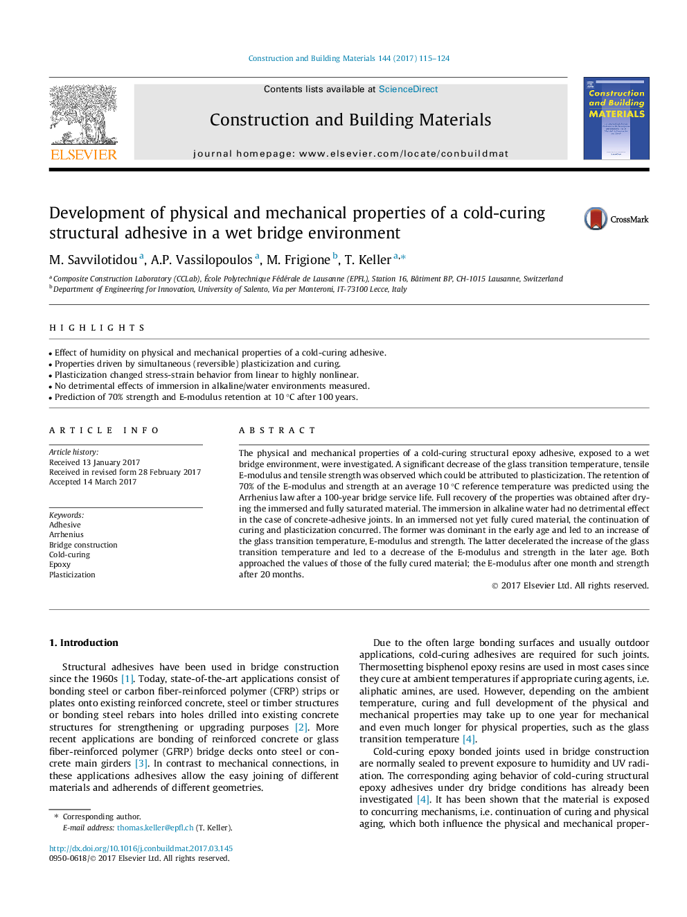 Development of physical and mechanical properties of a cold-curing structural adhesive in a wet bridge environment