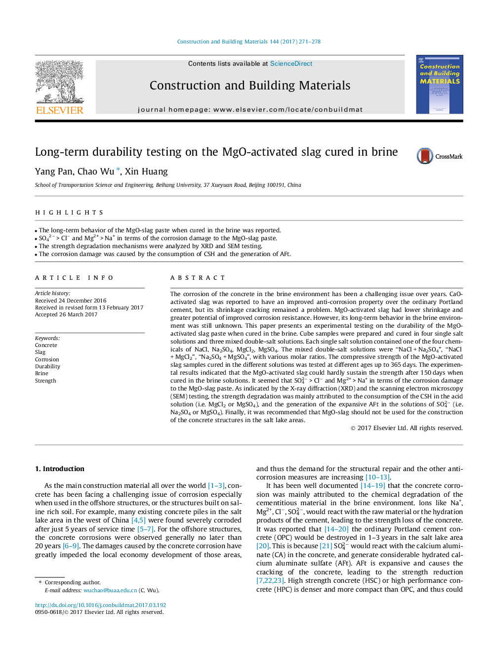 Long-term durability testing on the MgO-activated slag cured in brine