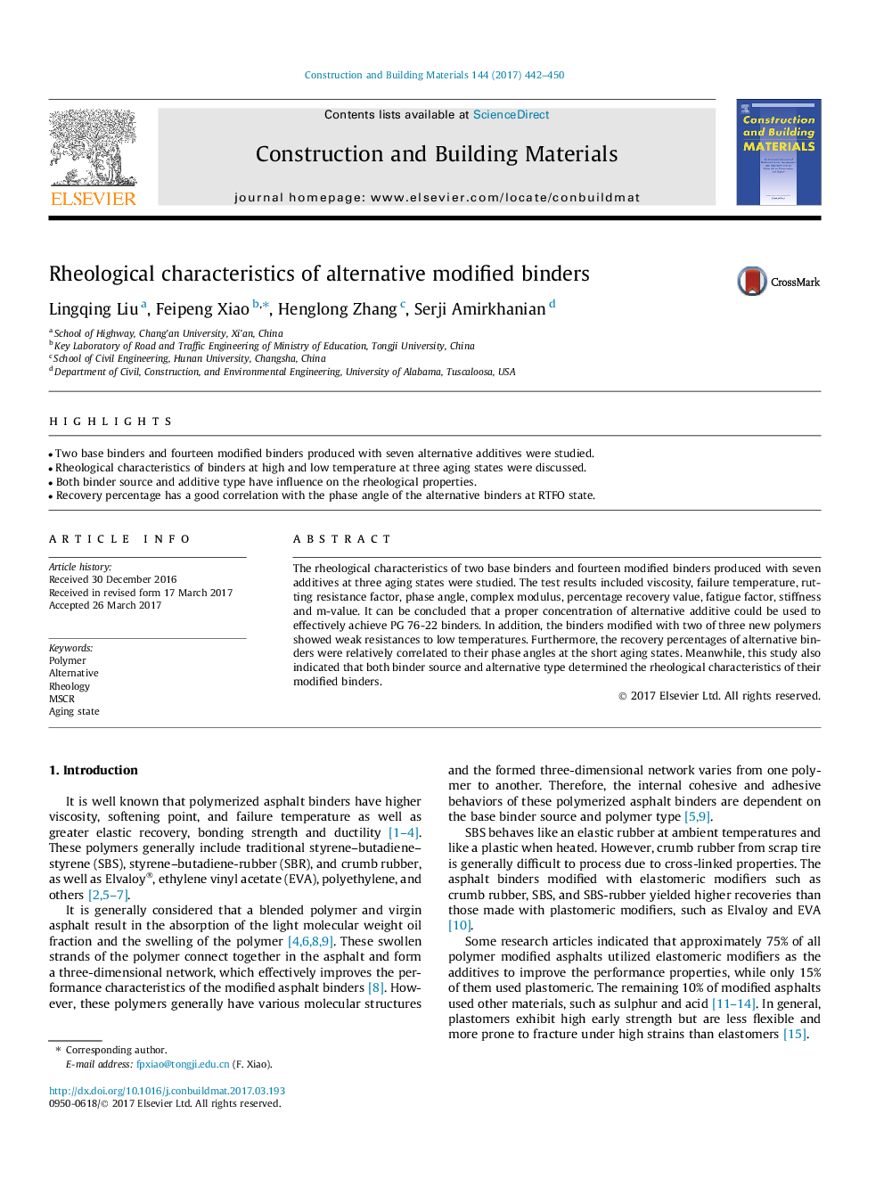 Rheological characteristics of alternative modified binders