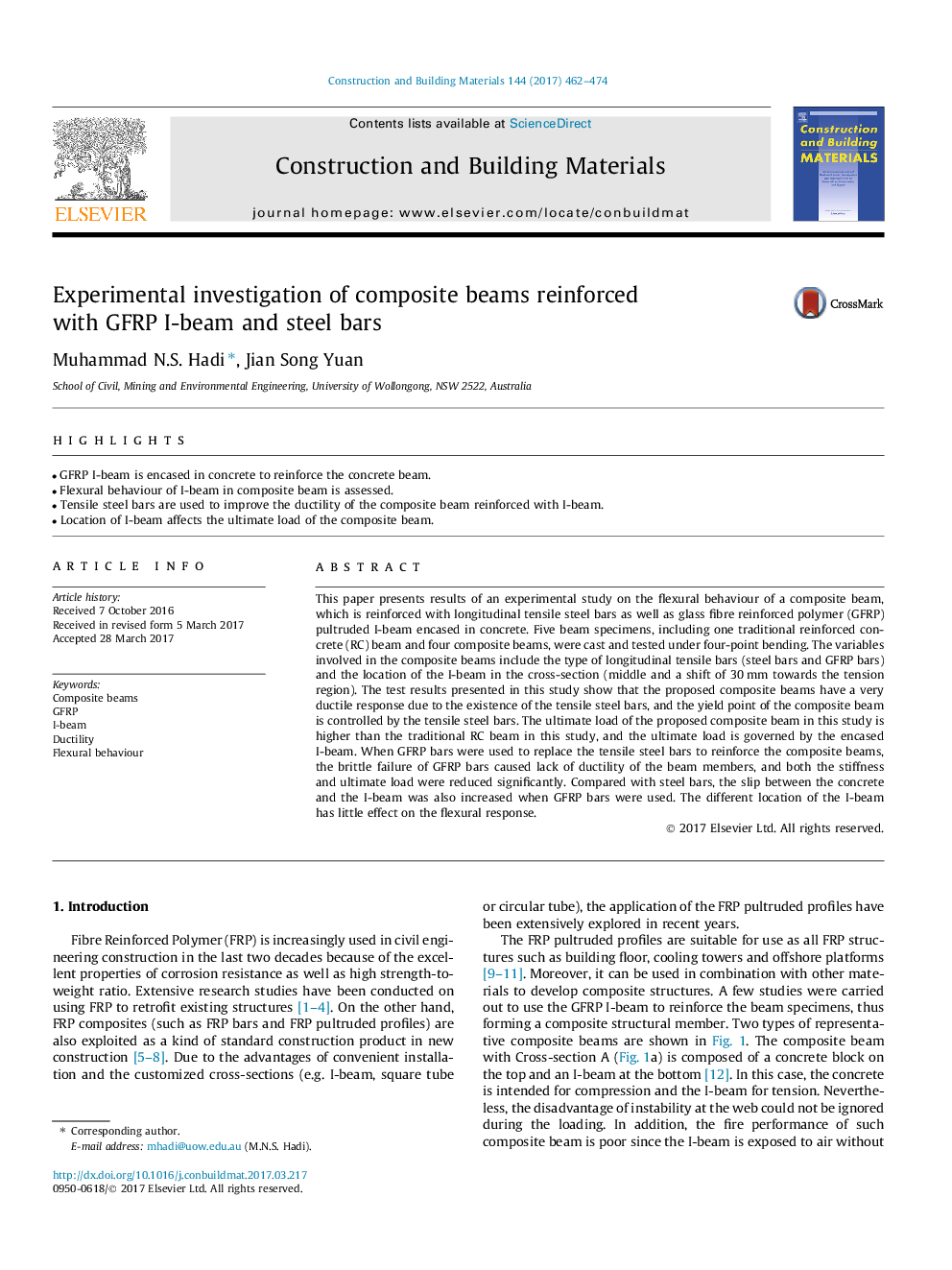 Experimental investigation of composite beams reinforced with GFRP I-beam and steel bars