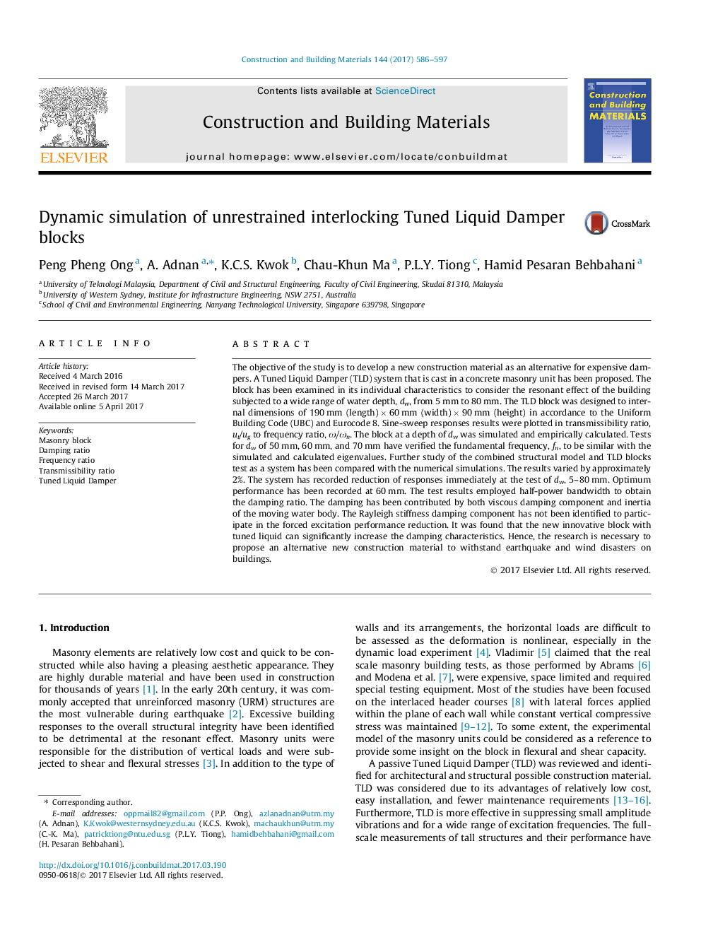 Dynamic simulation of unrestrained interlocking Tuned Liquid Damper blocks