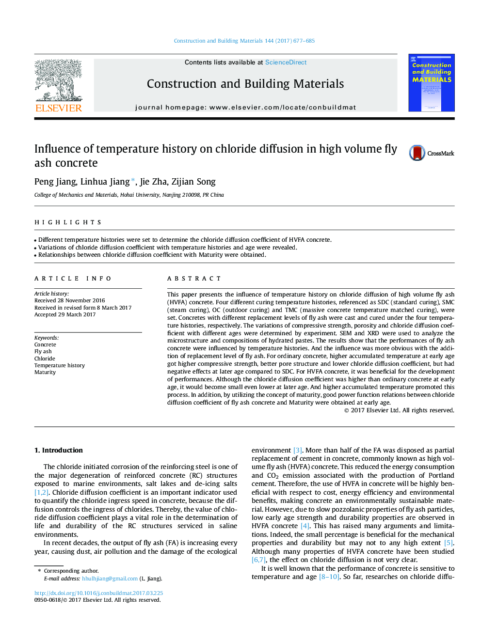 Influence of temperature history on chloride diffusion in high volume fly ash concrete