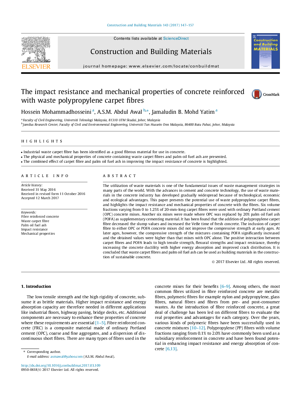 The impact resistance and mechanical properties of concrete reinforced with waste polypropylene carpet fibres