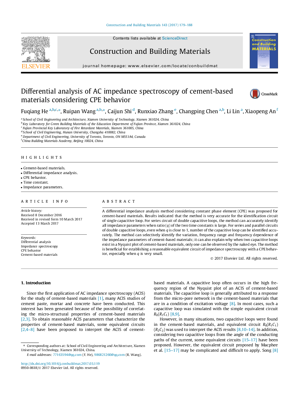 Differential analysis of AC impedance spectroscopy of cement-based materials considering CPE behavior