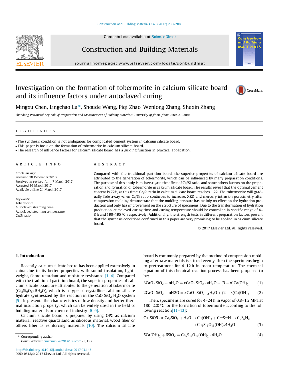 Investigation on the formation of tobermorite in calcium silicate board and its influence factors under autoclaved curing