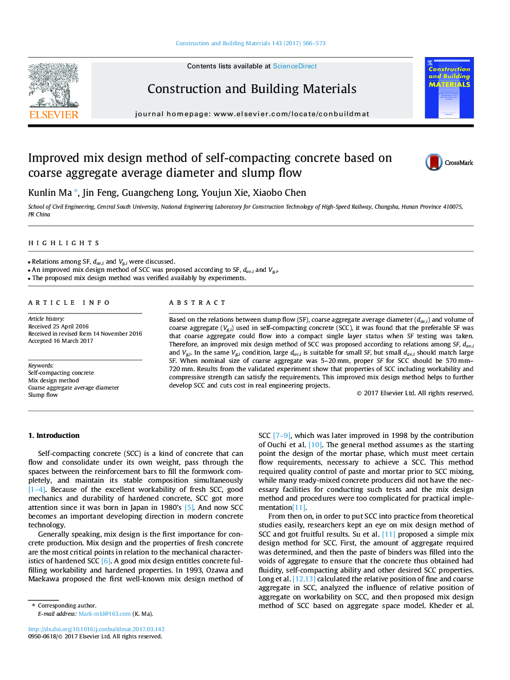 Improved mix design method of self-compacting concrete based on coarse aggregate average diameter and slump flow