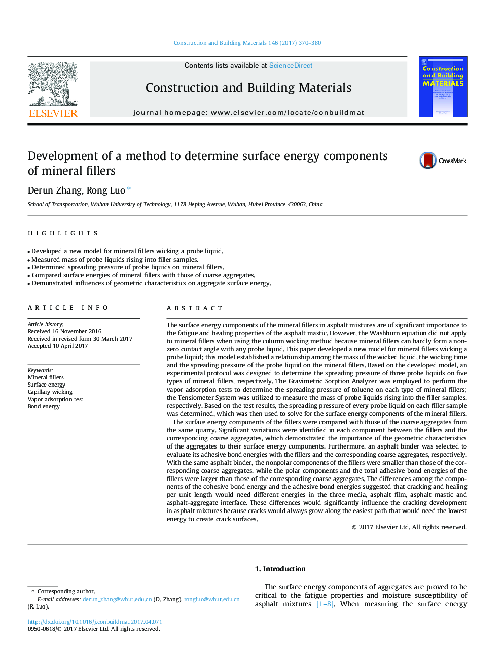 Development of a method to determine surface energy components of mineral fillers