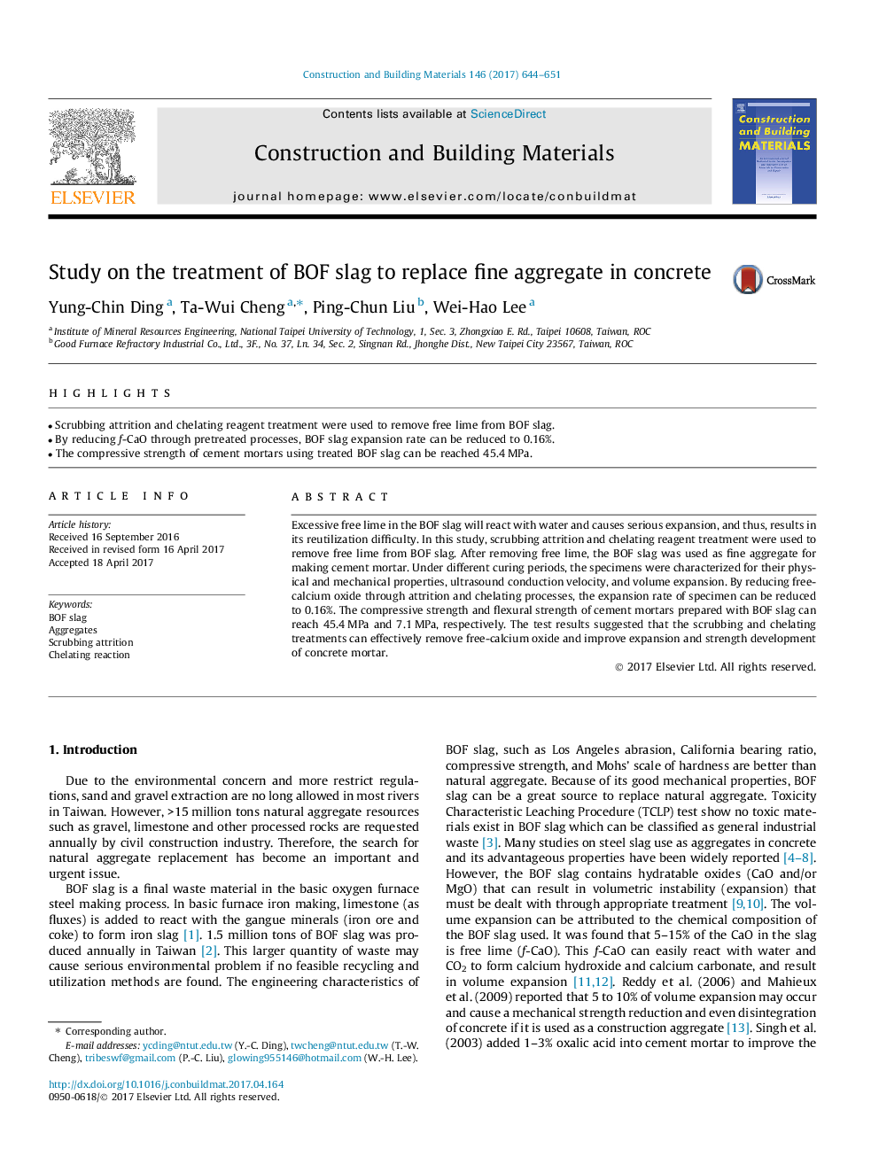 Study on the treatment of BOF slag to replace fine aggregate in concrete