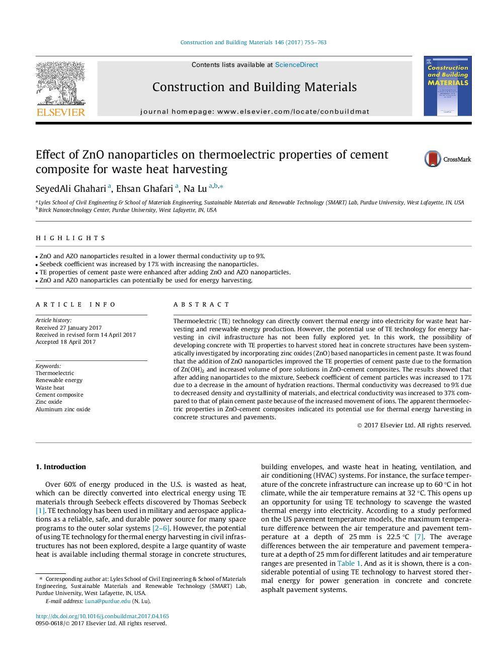 Effect of ZnO nanoparticles on thermoelectric properties of cement composite for waste heat harvesting