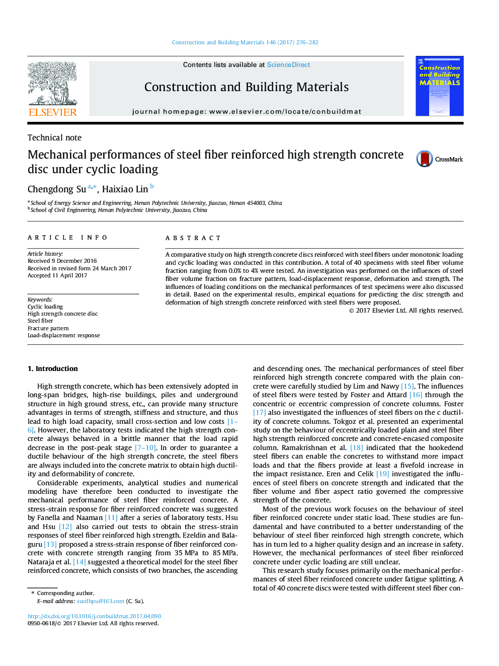 Mechanical performances of steel fiber reinforced high strength concrete disc under cyclic loading