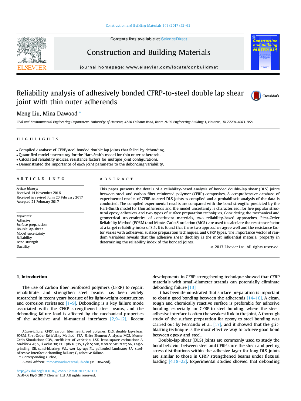 Reliability analysis of adhesively bonded CFRP-to-steel double lap shear joint with thin outer adherends