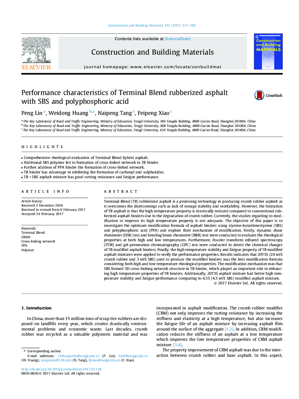 Performance characteristics of Terminal Blend rubberized asphalt with SBS and polyphosphoric acid