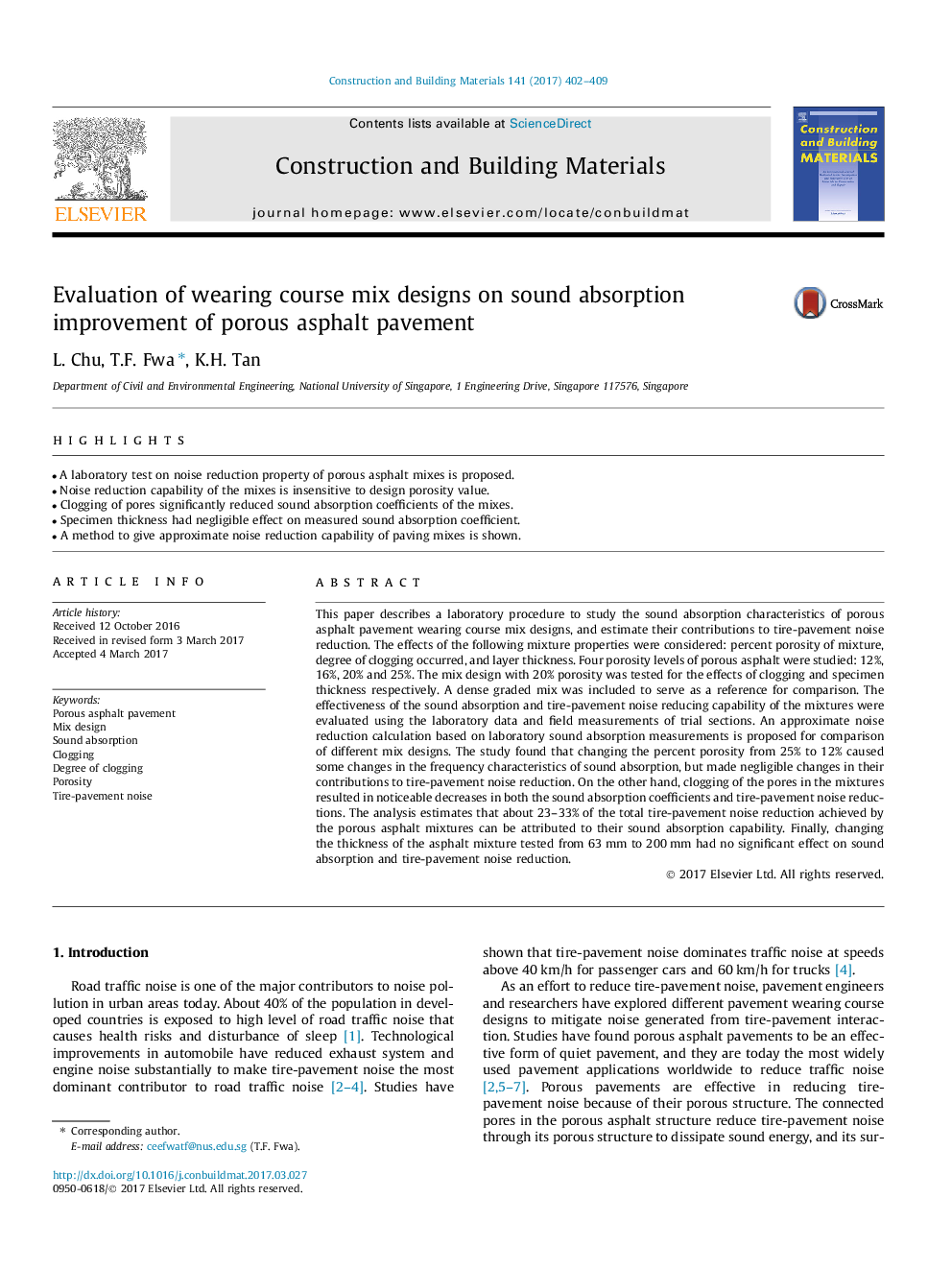 Evaluation of wearing course mix designs on sound absorption improvement of porous asphalt pavement