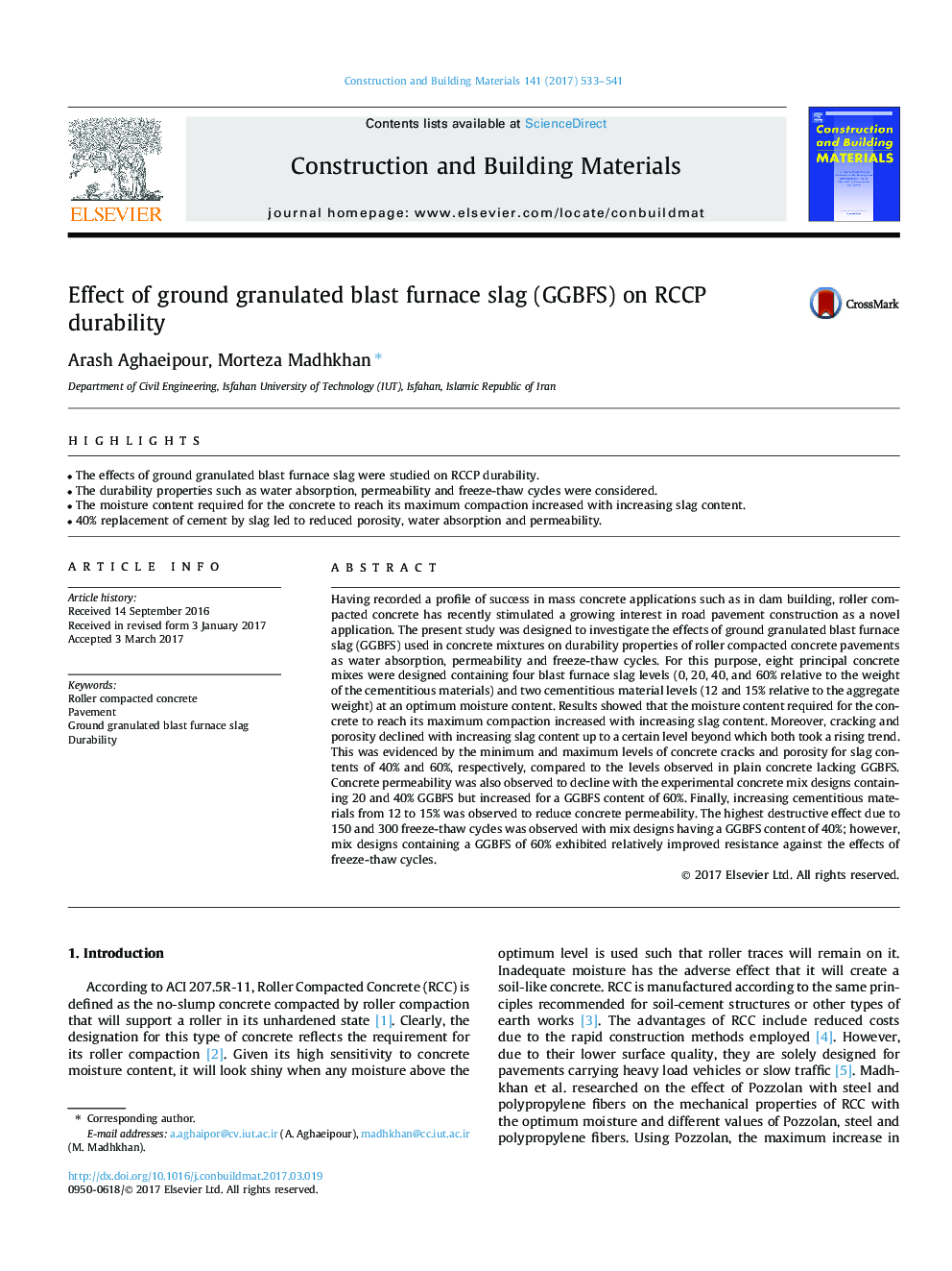 Effect of ground granulated blast furnace slag (GGBFS) on RCCP durability