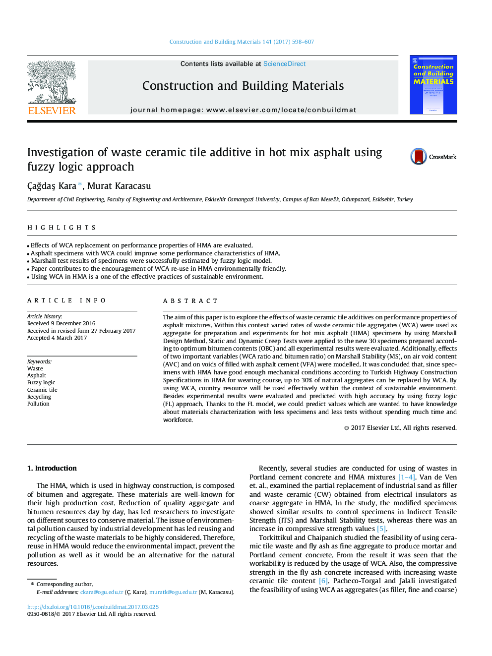 Investigation of waste ceramic tile additive in hot mix asphalt using fuzzy logic approach