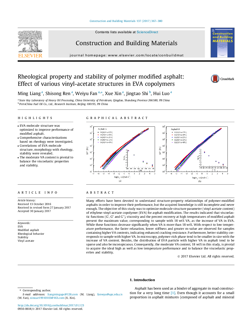 Rheological property and stability of polymer modified asphalt: Effect of various vinyl-acetate structures in EVA copolymers