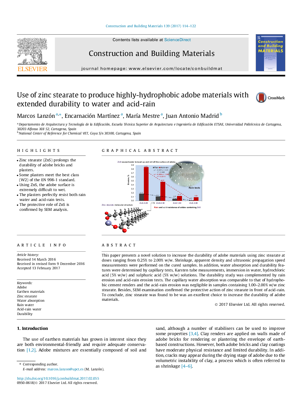 Use of zinc stearate to produce highly-hydrophobic adobe materials with extended durability to water and acid-rain