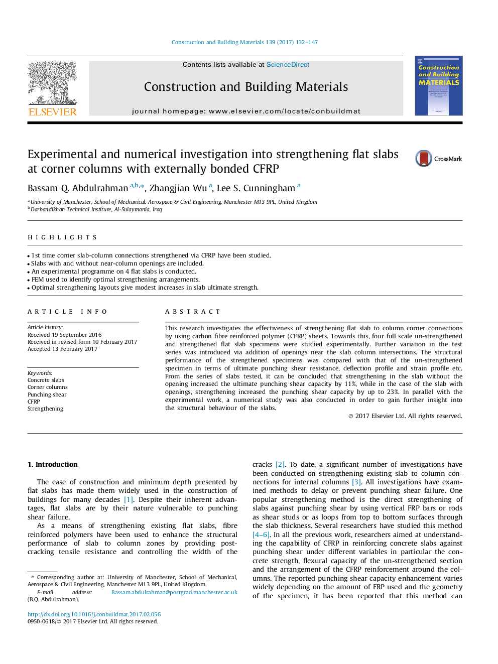 Experimental and numerical investigation into strengthening flat slabs at corner columns with externally bonded CFRP