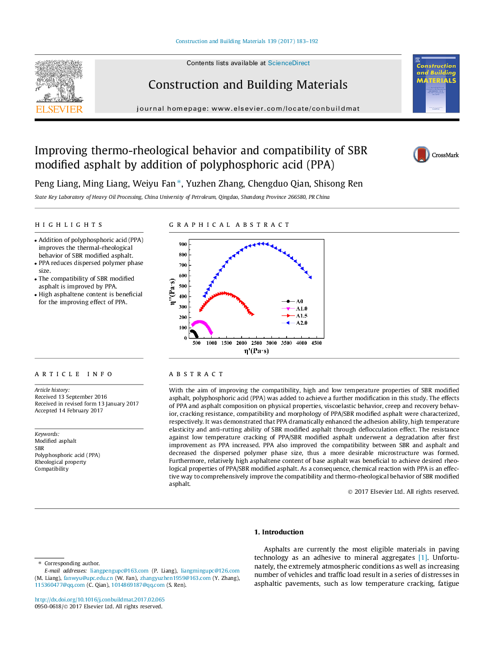 Improving thermo-rheological behavior and compatibility of SBR modified asphalt by addition of polyphosphoric acid (PPA)