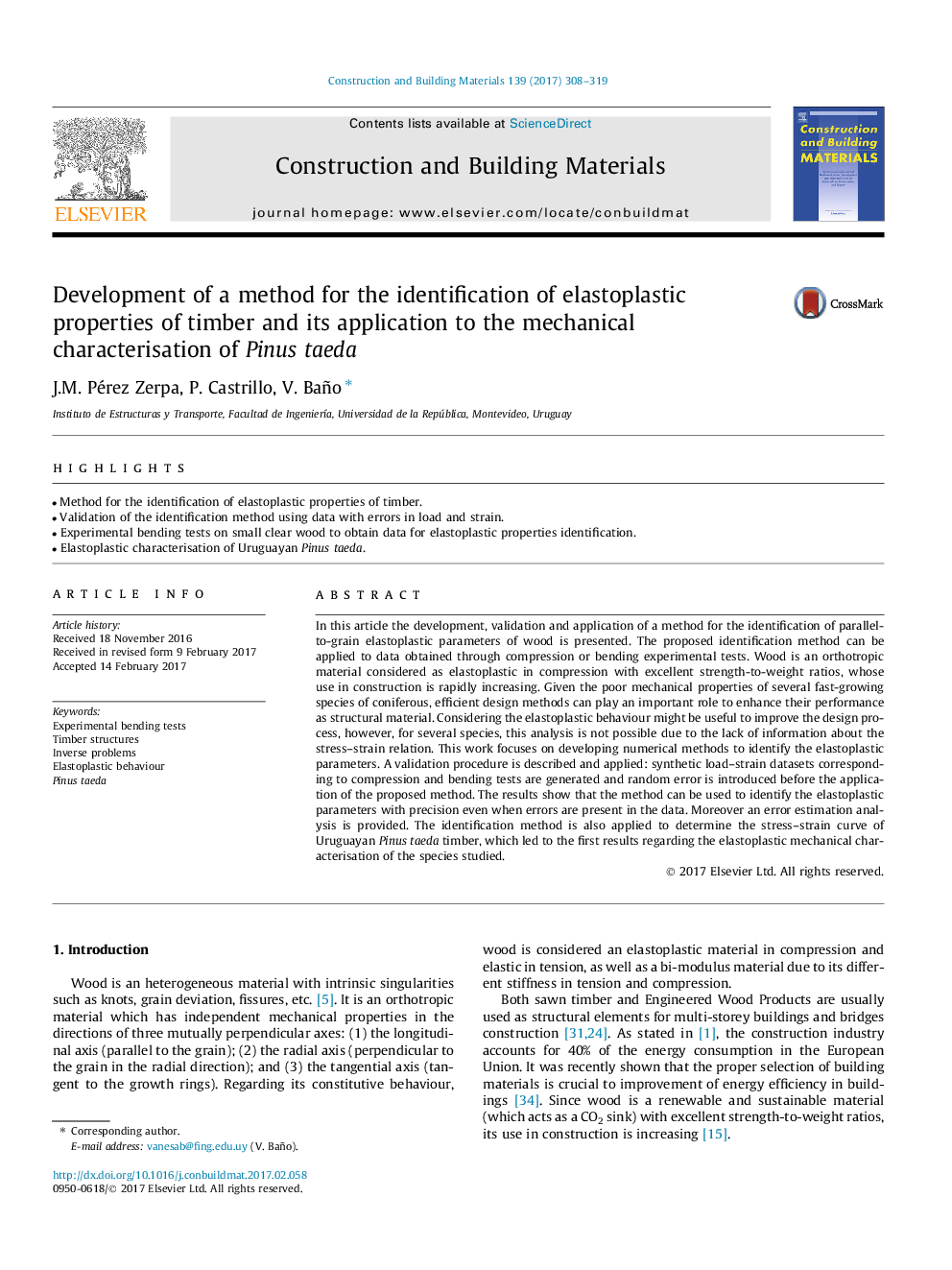 Development of a method for the identification of elastoplastic properties of timber and its application to the mechanical characterisation of Pinus taeda