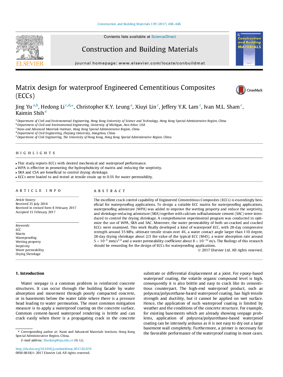 Matrix design for waterproof Engineered Cementitious Composites (ECCs)