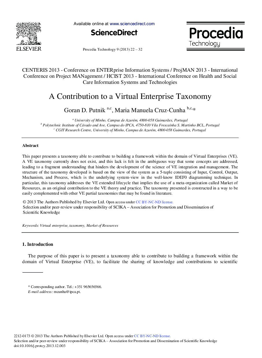 A Contribution to a Virtual Enterprise Taxonomy 