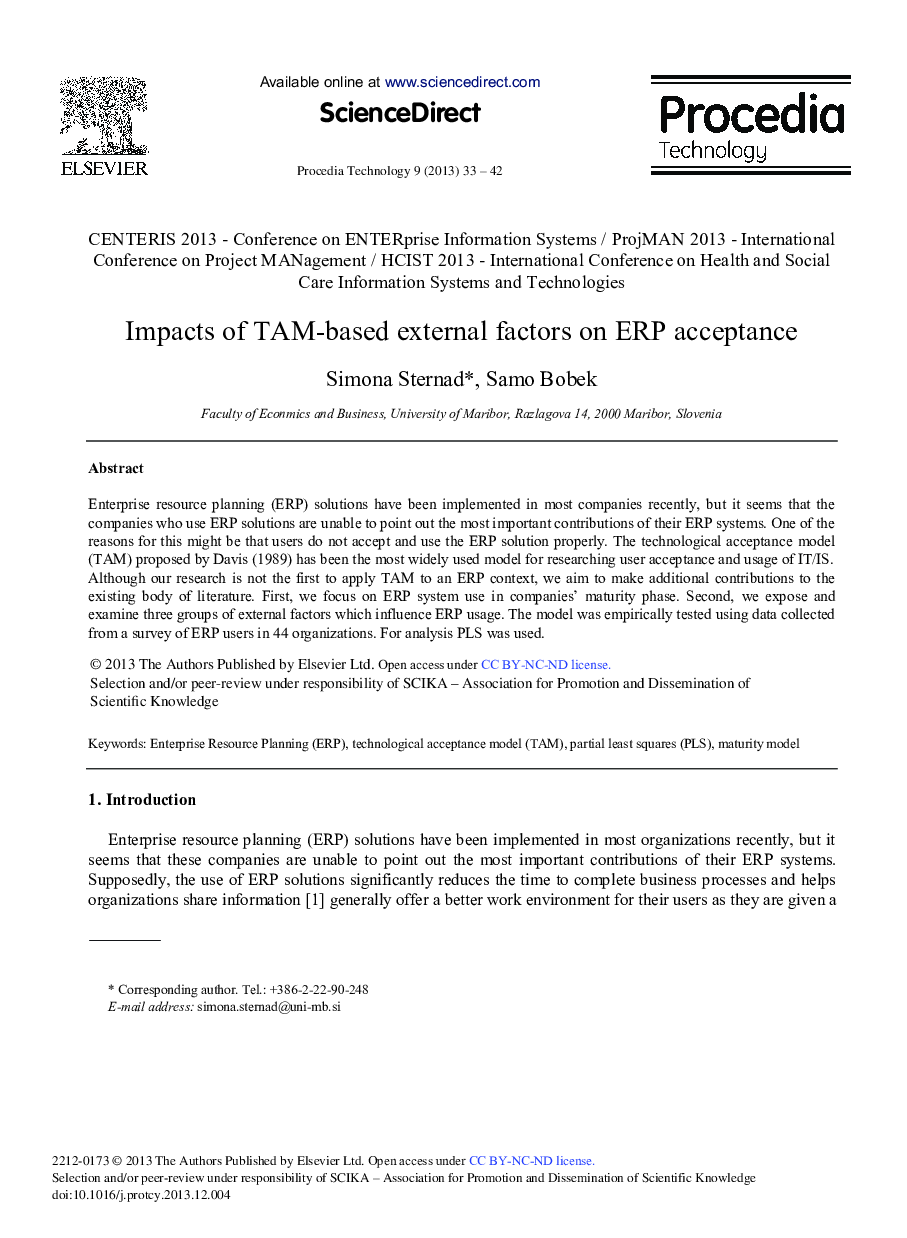 عکس صفحه اول مقاله: Impacts of TAM-based External Factors on ERP Acceptance Impacts of TAM-based External Factors on ERP Acceptance