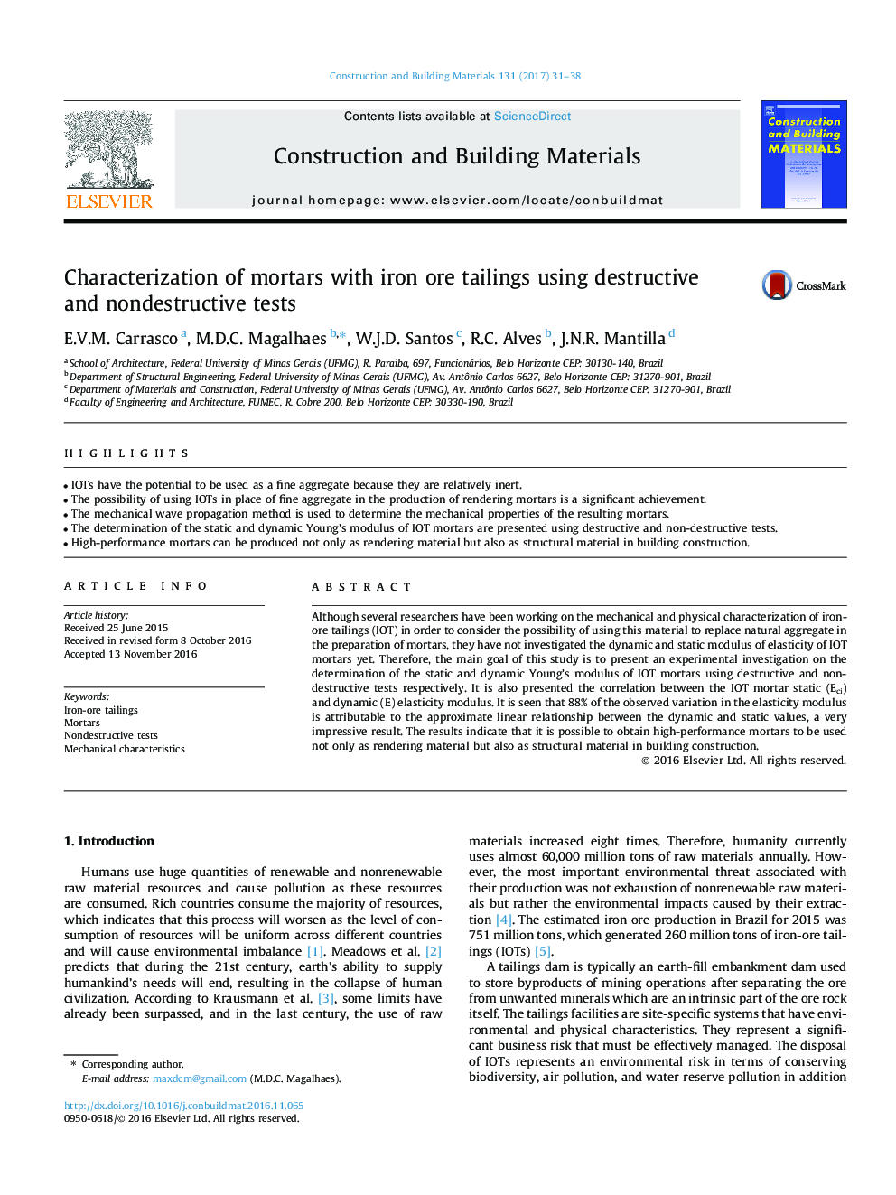 Characterization of mortars with iron ore tailings using destructive and nondestructive tests