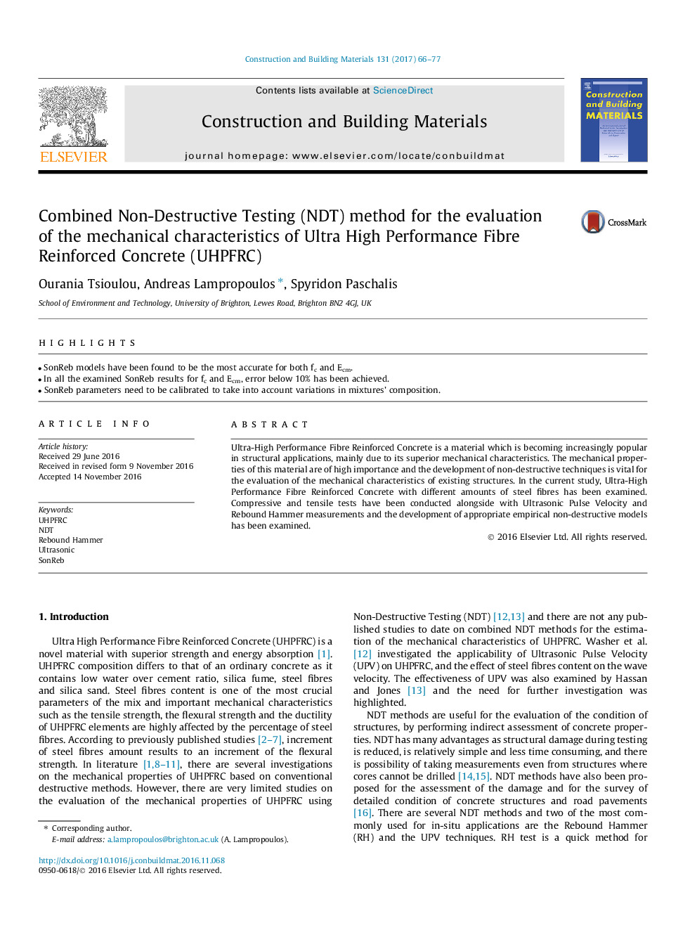 Combined Non-Destructive Testing (NDT) method for the evaluation of the mechanical characteristics of Ultra High Performance Fibre Reinforced Concrete (UHPFRC)