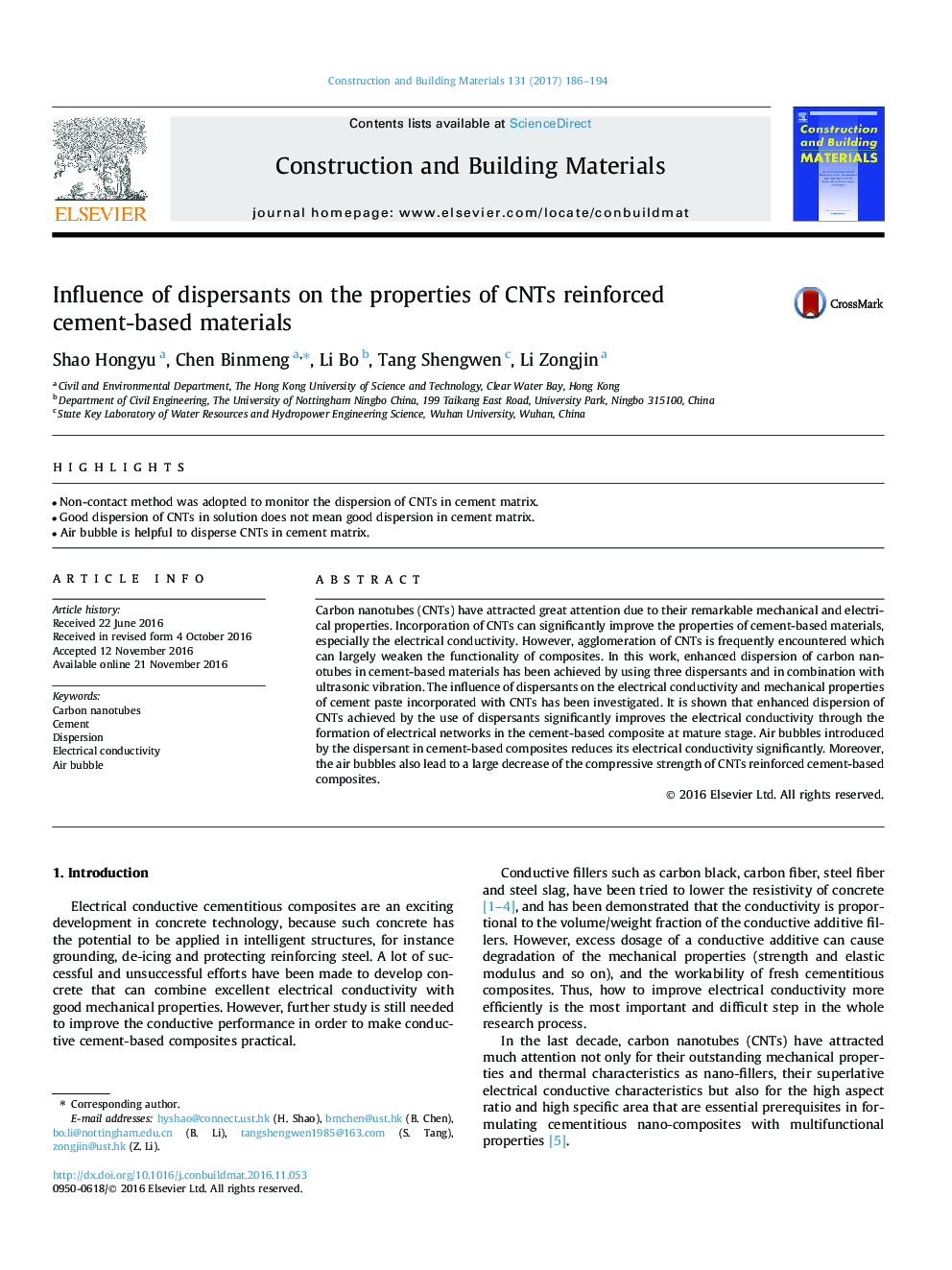 Influence of dispersants on the properties of CNTs reinforced cement-based materials