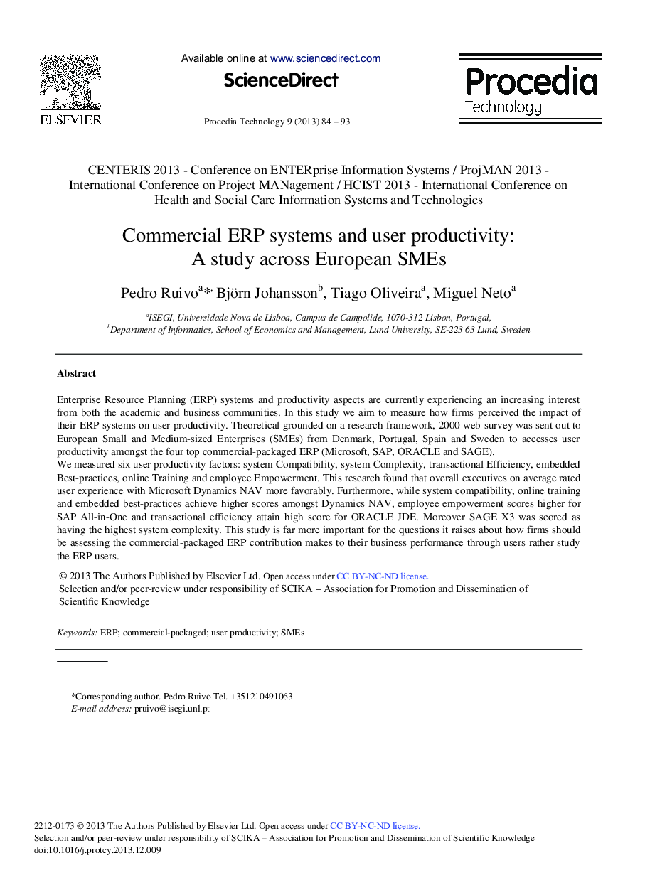 Commercial ERP Systems and User Productivity: A Study Across European SMEs 