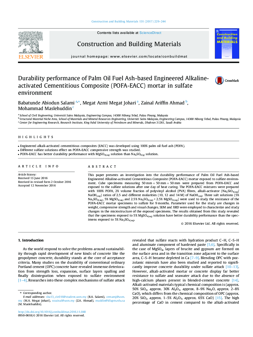 Durability performance of Palm Oil Fuel Ash-based Engineered Alkaline-activated Cementitious Composite (POFA-EACC) mortar in sulfate environment