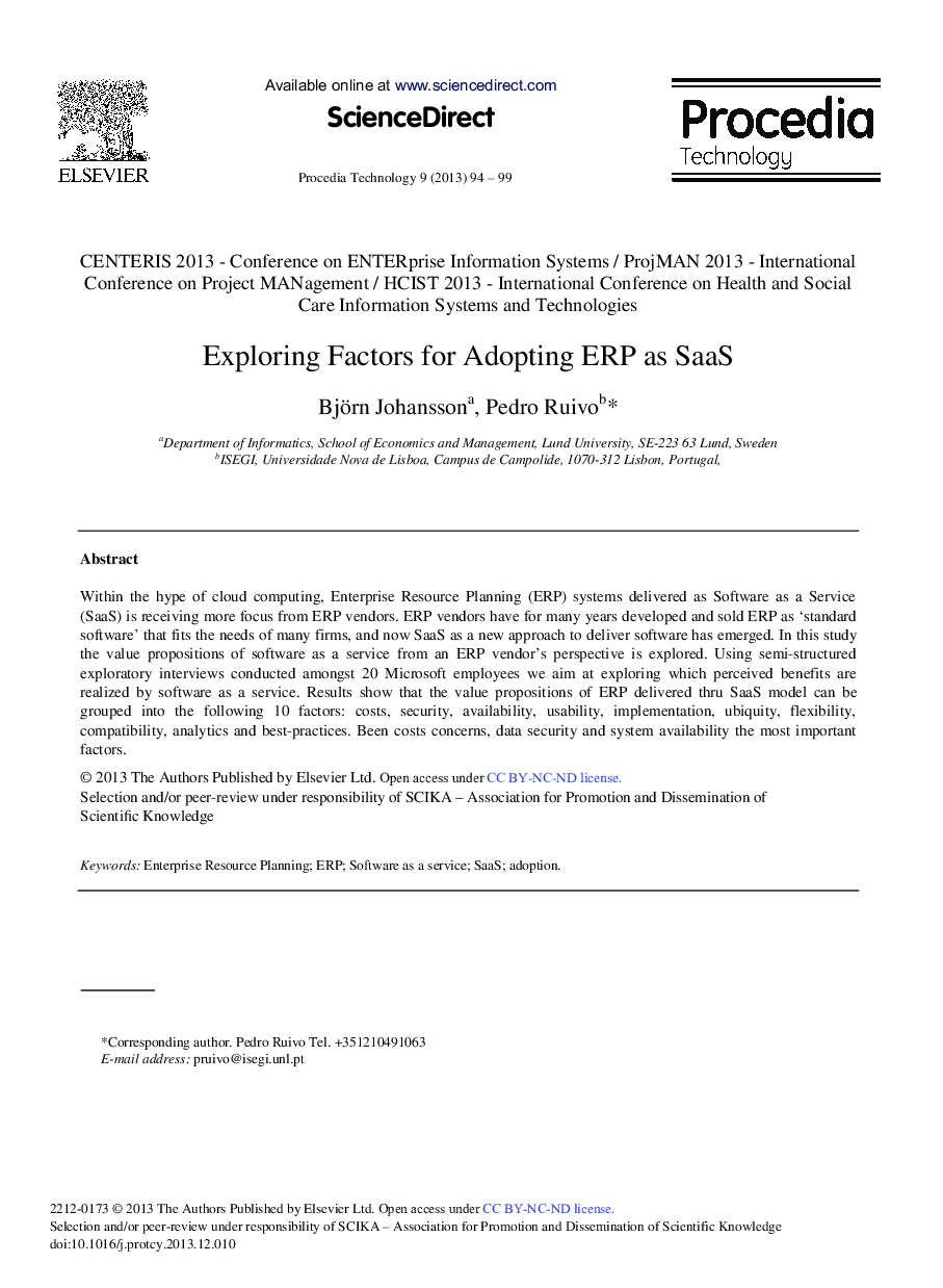 Exploring Factors for Adopting ERP as SaaS 