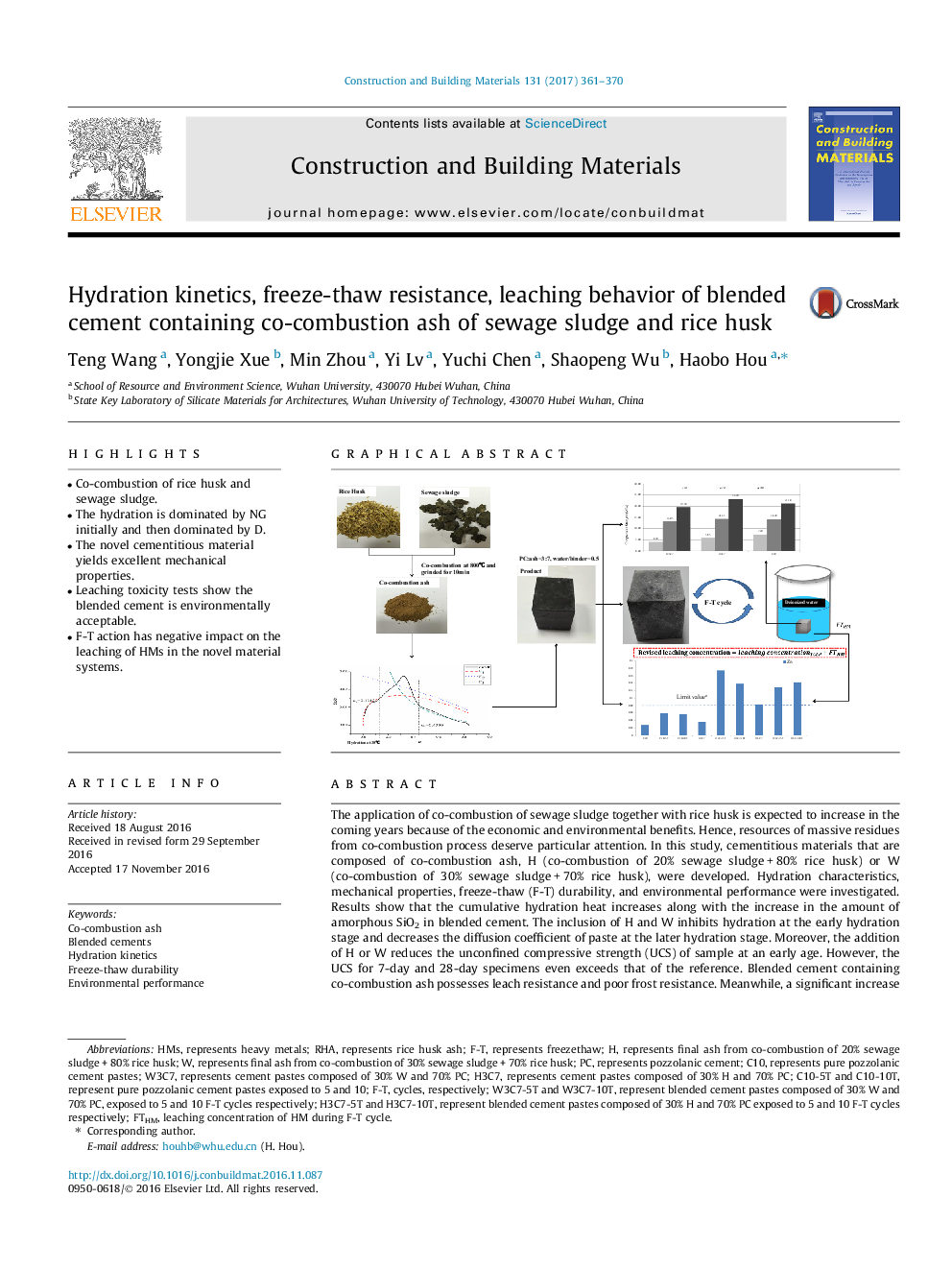 Hydration kinetics, freeze-thaw resistance, leaching behavior of blended cement containing co-combustion ash of sewage sludge and rice husk