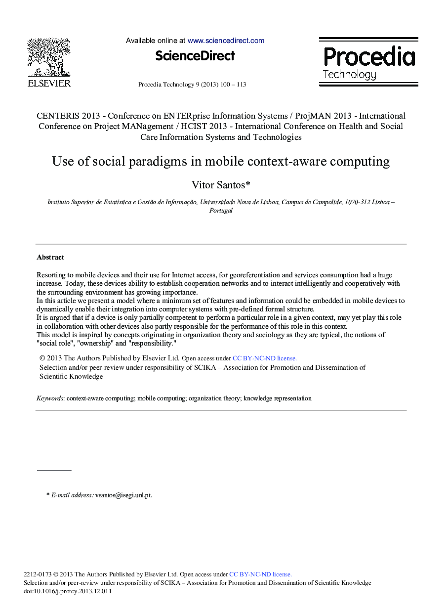 عکس صفحه اول مقاله: Use of Social Paradigms in Mobile Context-aware Computing Use of Social Paradigms in Mobile Context-aware Computing