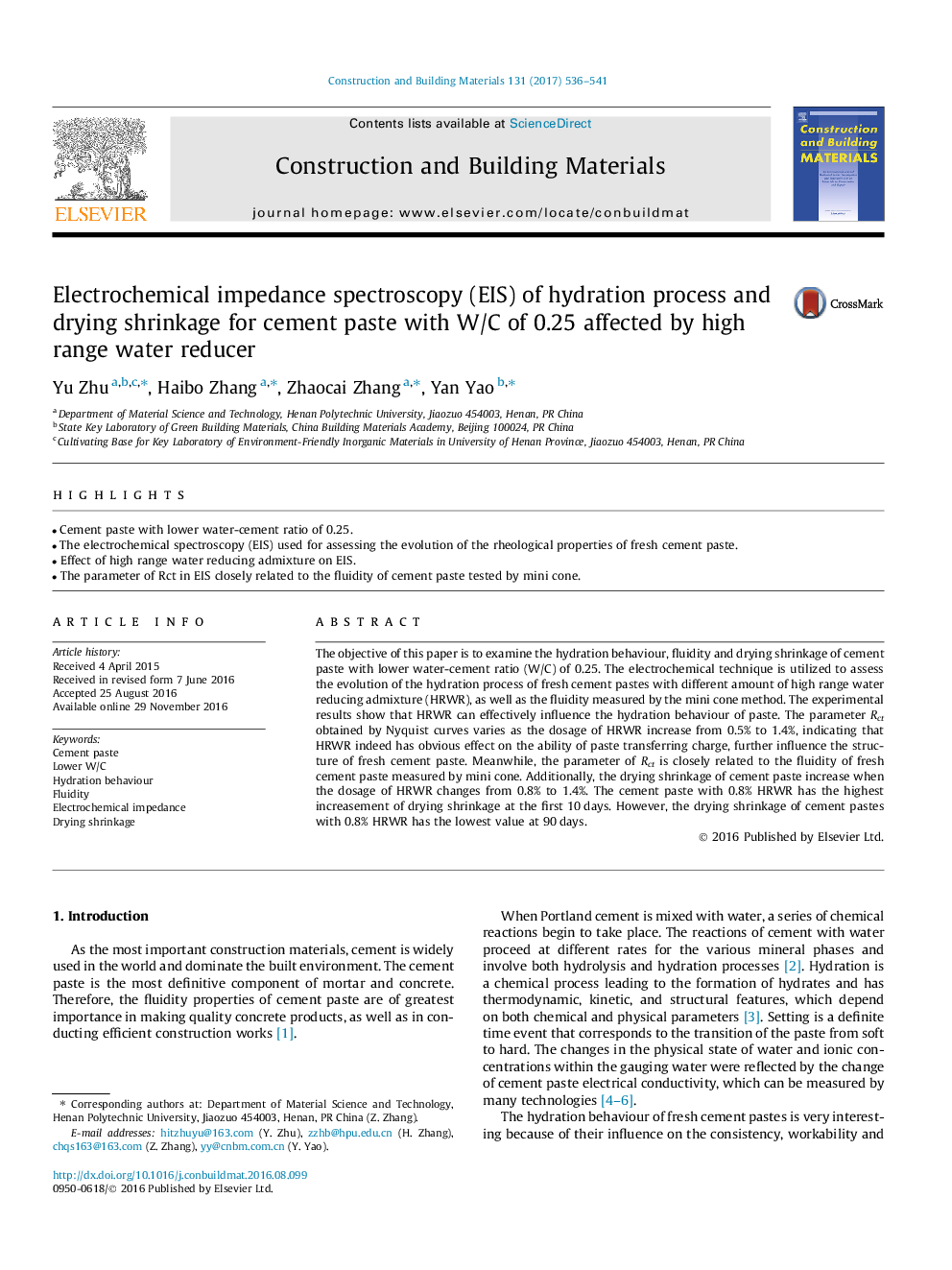 Electrochemical impedance spectroscopy (EIS) of hydration process and drying shrinkage for cement paste with W/C of 0.25 affected by high range water reducer