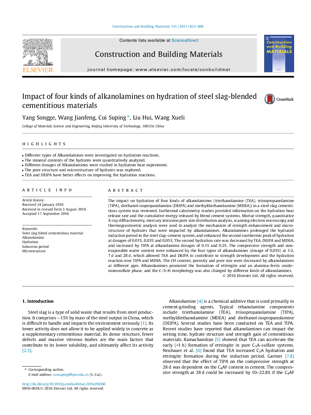 Impact of four kinds of alkanolamines on hydration of steel slag-blended cementitious materials