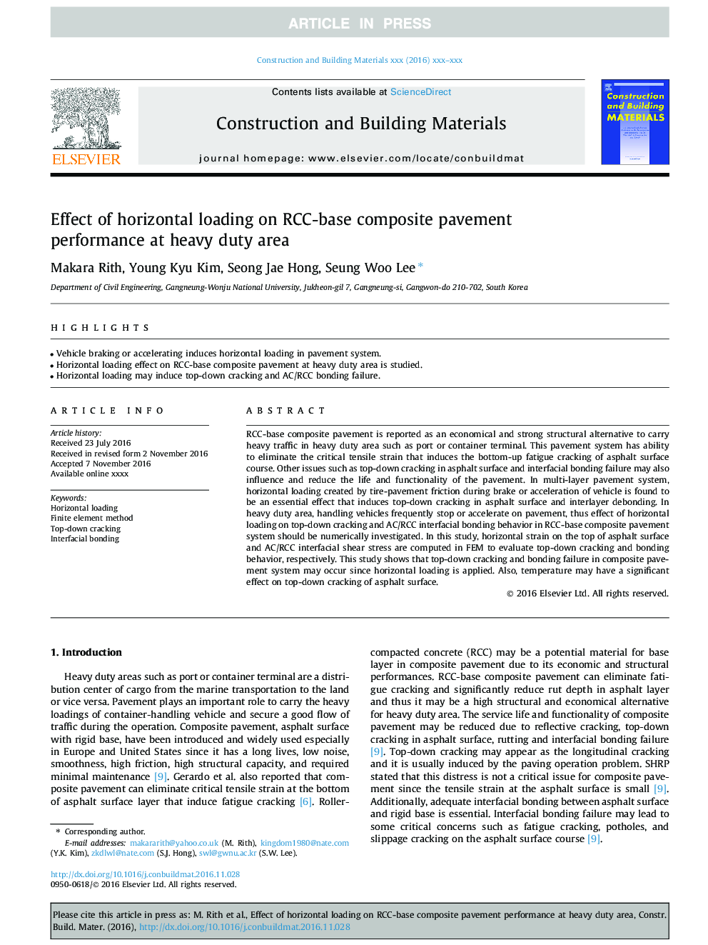 Effect of horizontal loading on RCC-base composite pavement performance at heavy duty area