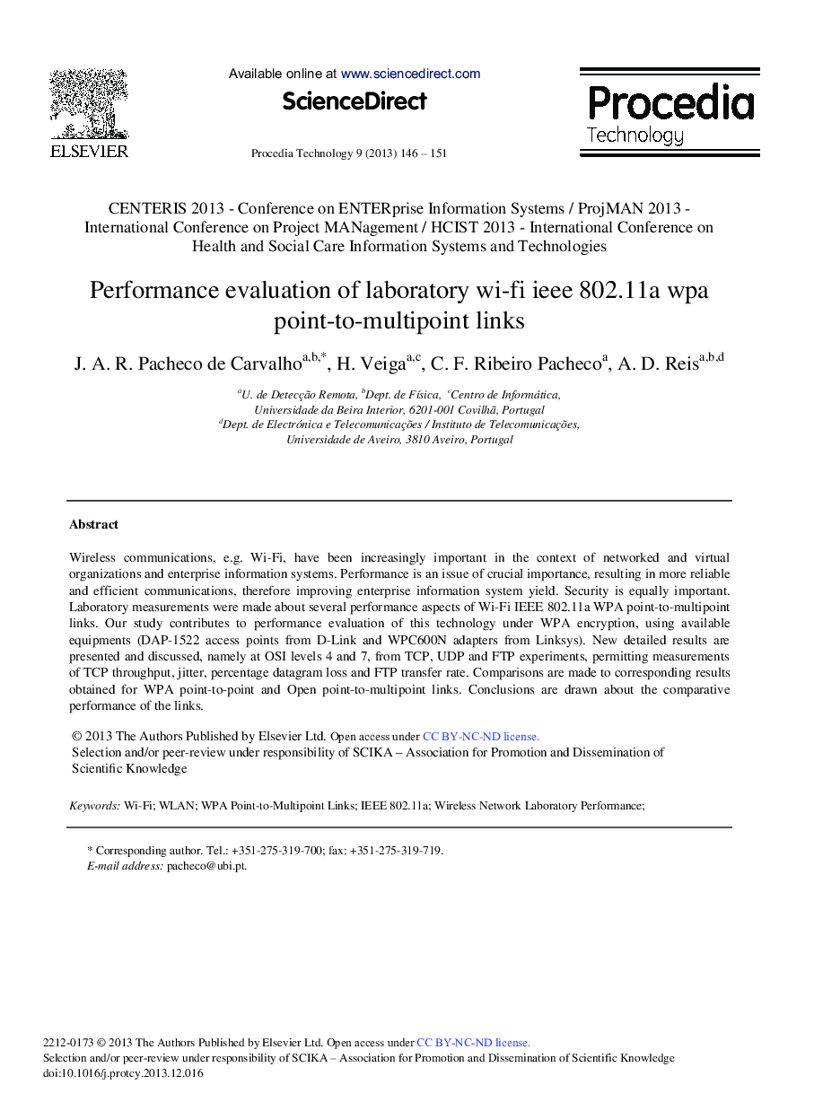Performance Evaluation of Laboratory Wi-fi Ieee 802.11a Wpa Point-to-multipoint Links 