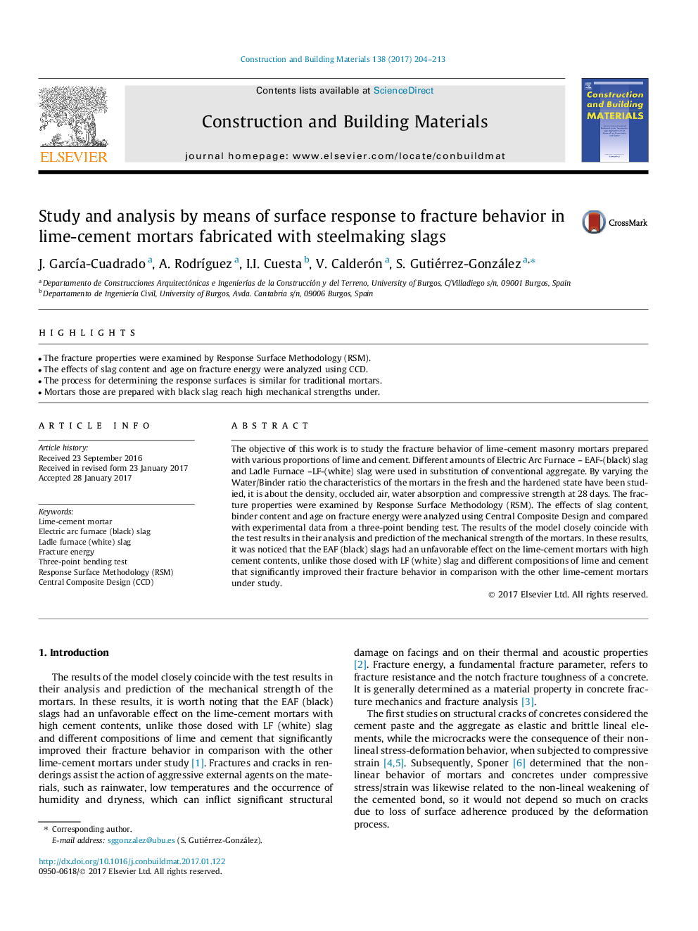 Study and analysis by means of surface response to fracture behavior in lime-cement mortars fabricated with steelmaking slags