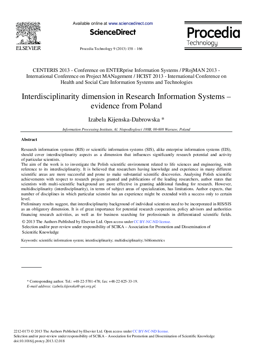 Interdisciplinarity Dimension in Research Information Systems – Evidence from Poland 