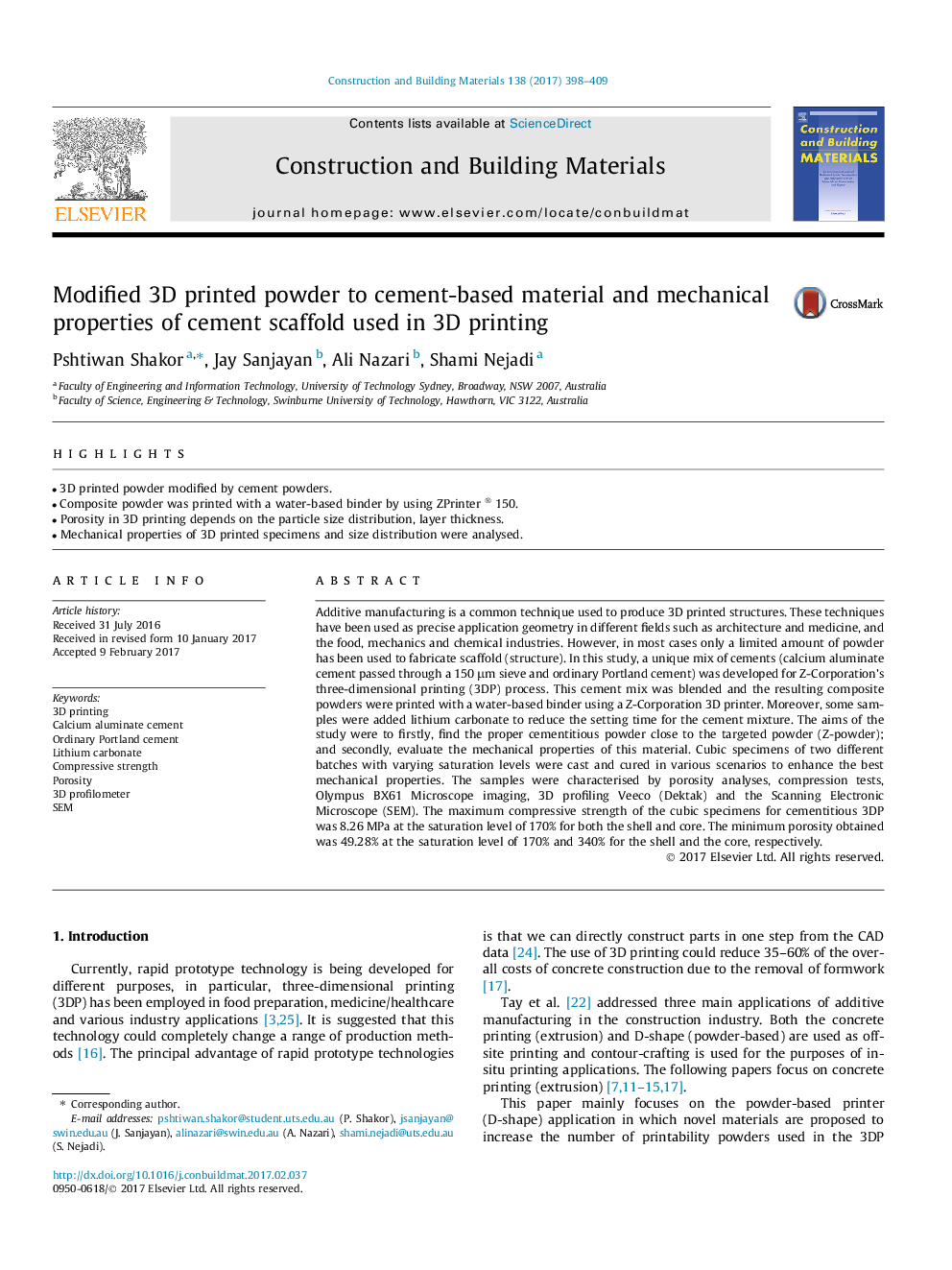 Modified 3D printed powder to cement-based material and mechanical properties of cement scaffold used in 3D printing