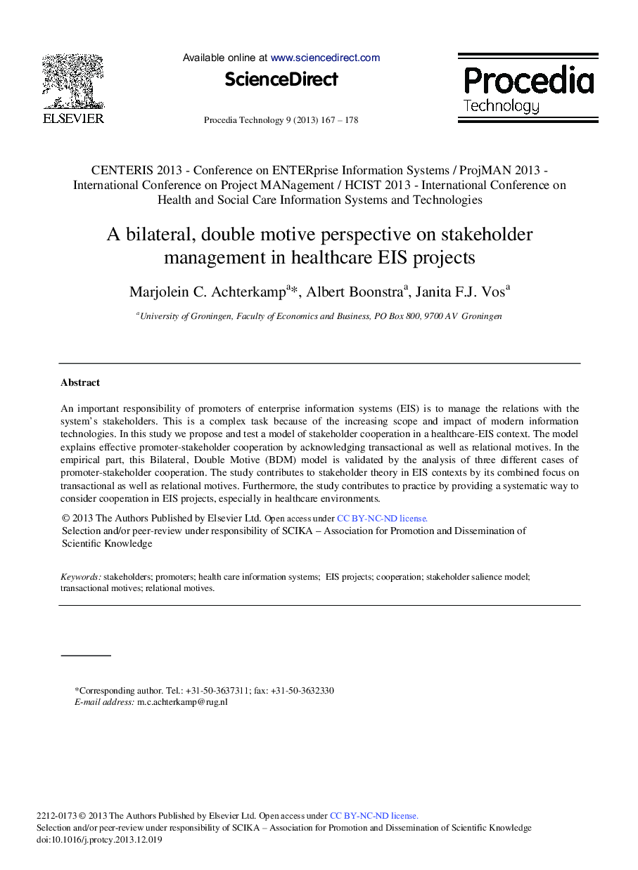 A Bilateral, Double Motive Perspective on Stakeholder Management in Healthcare EIS Projects 