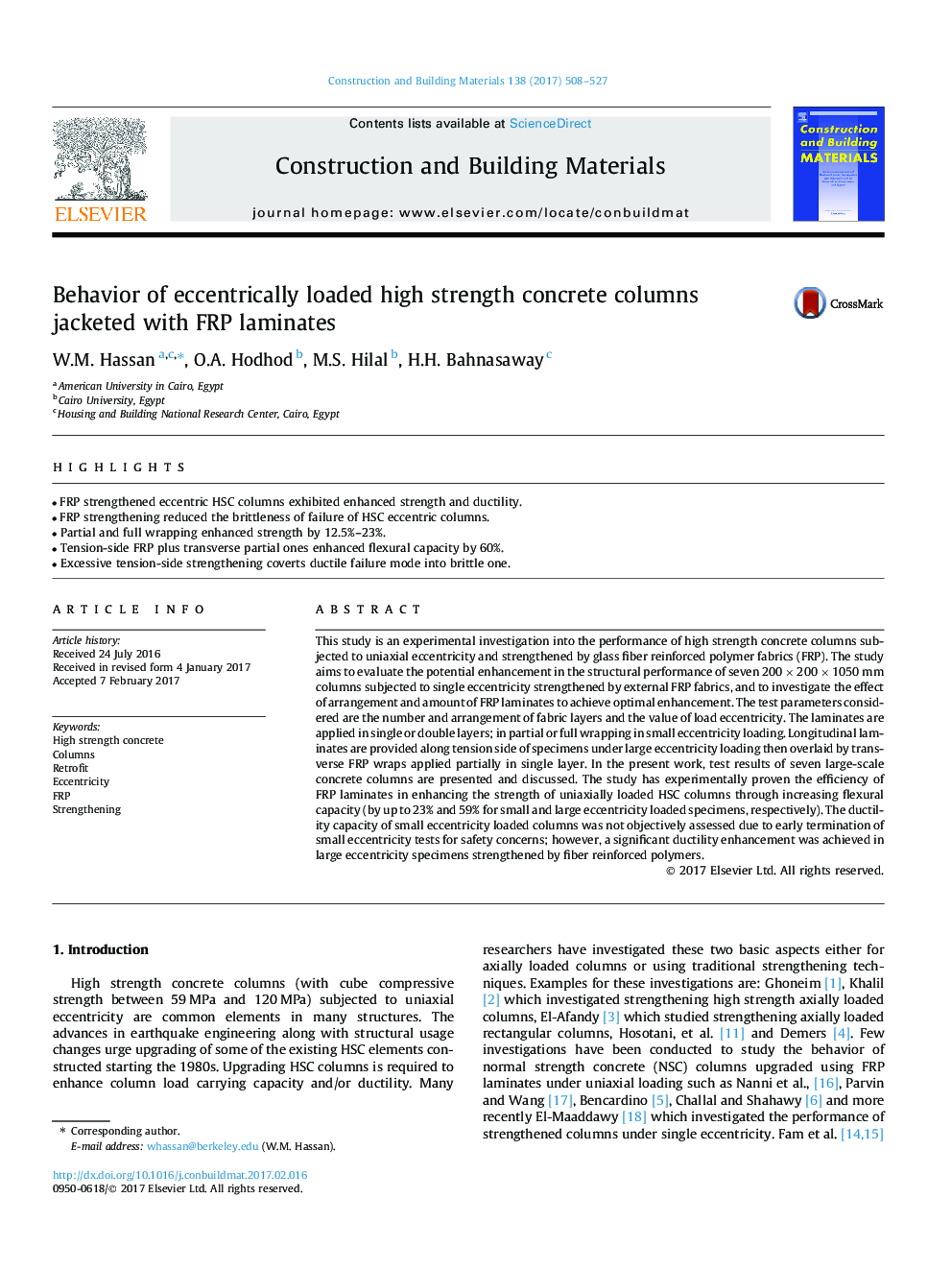 Behavior of eccentrically loaded high strength concrete columns jacketed with FRP laminates