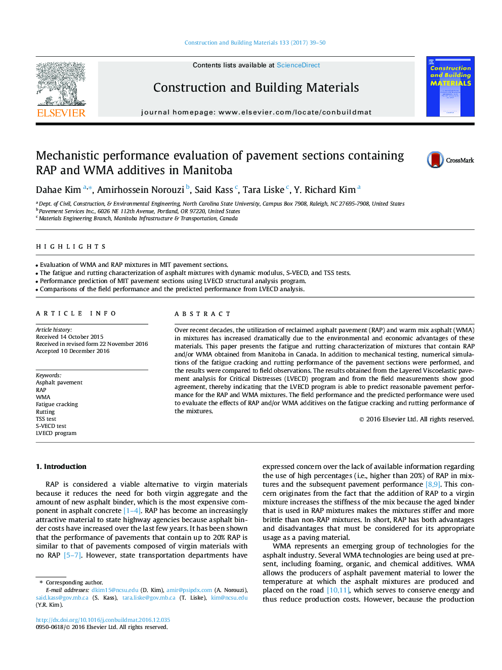 Mechanistic performance evaluation of pavement sections containing RAP and WMA additives in Manitoba