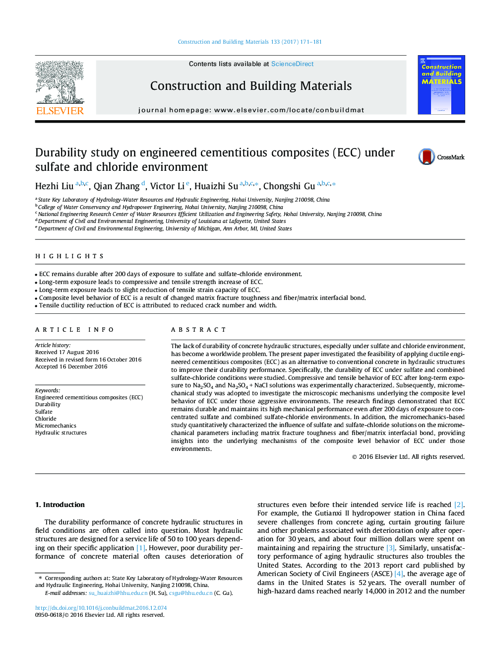 Durability study on engineered cementitious composites (ECC) under sulfate and chloride environment