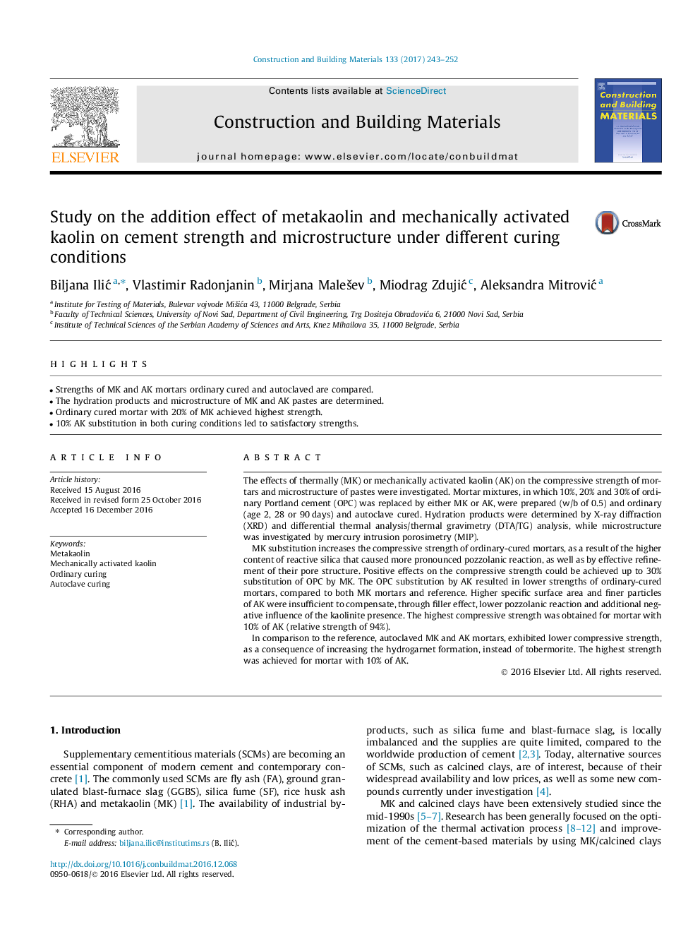 Study on the addition effect of metakaolin and mechanically activated kaolin on cement strength and microstructure under different curing conditions