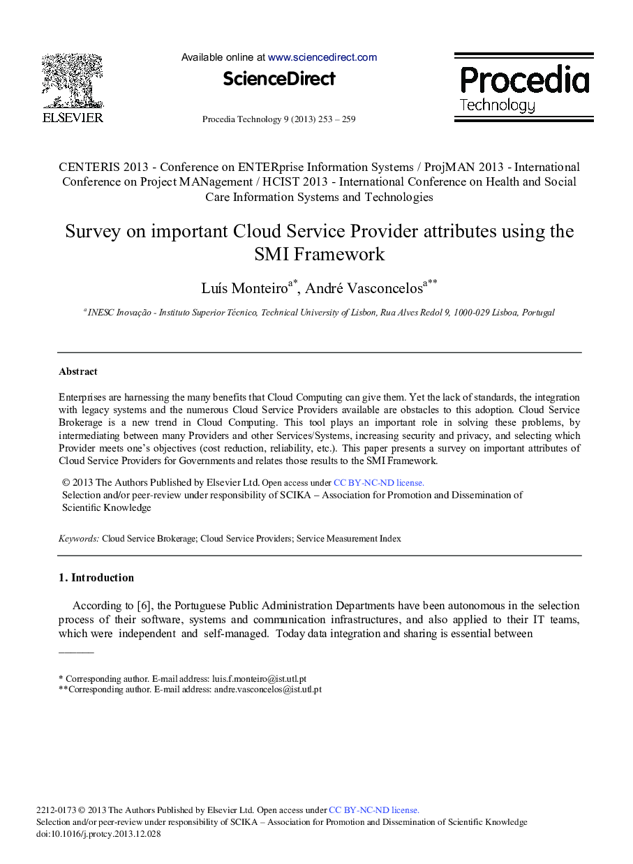 عکس صفحه اول مقاله: Survey on Important Cloud Service Provider Attributes Using the SMI Framework Survey on Important Cloud Service Provider Attributes Using the SMI Framework